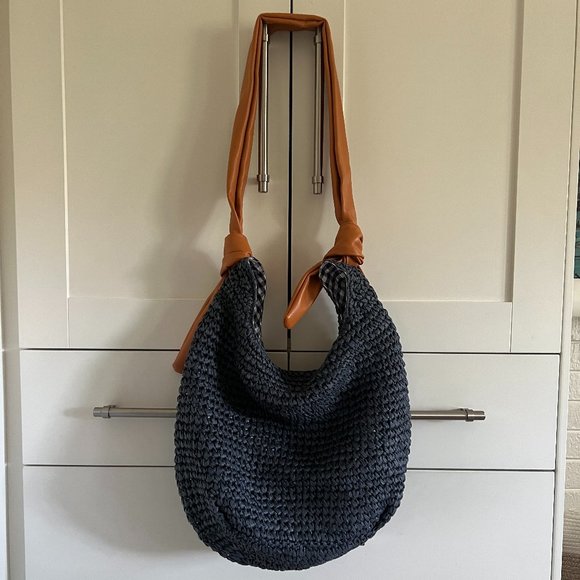 Antik Kraft - Midnight blue straw/paper boho bag with vegan leather handles - Picture 1 of 8
